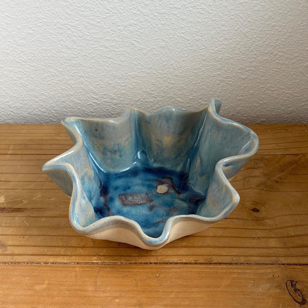Handmade Studio Pottery Blue Glazed Ruffled Edge‎ Bowl Abstract Ceramic Art 8"